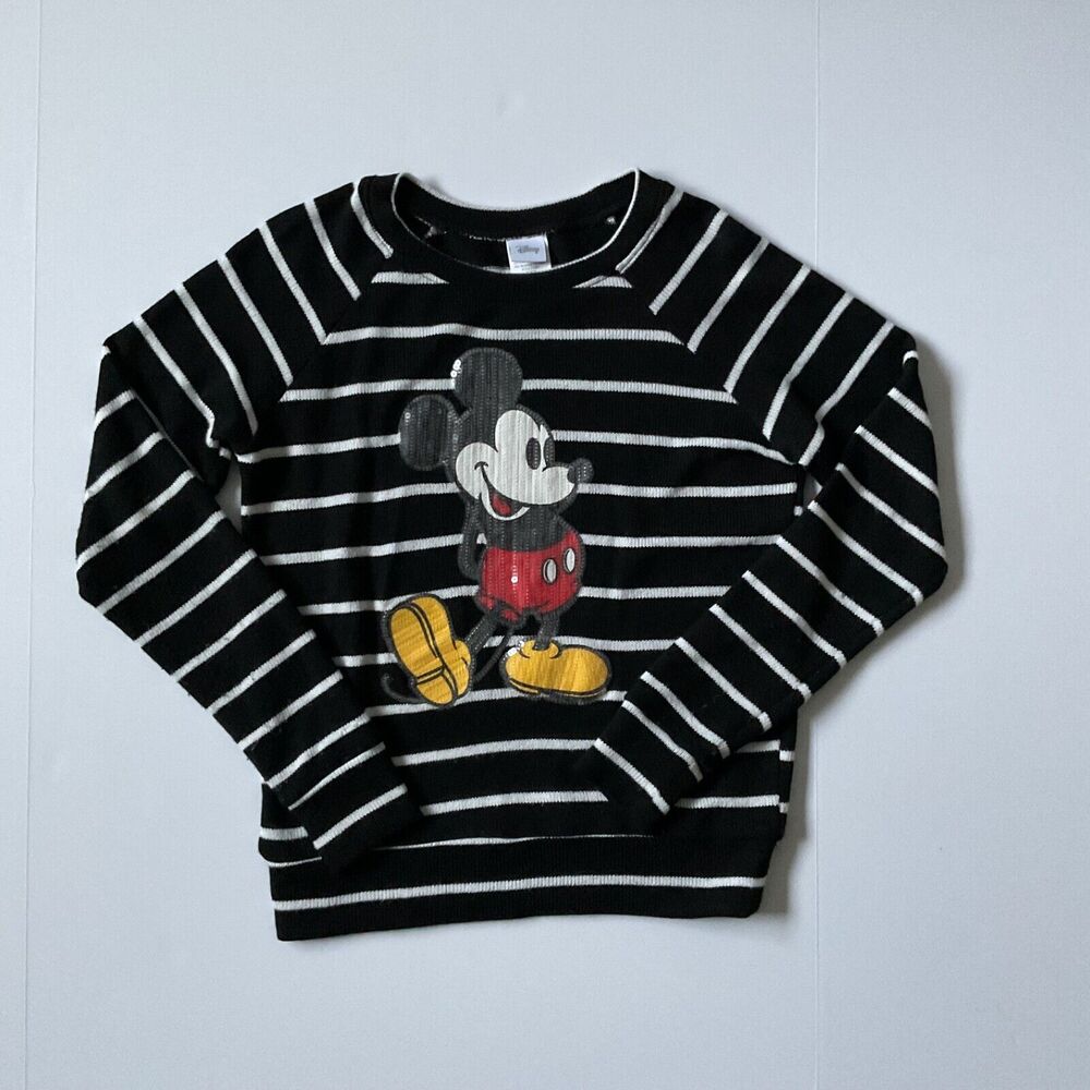 Disney Sweater Womens Medium Black Mickey Mouse Striped Sequined Jerry‎ Leigh